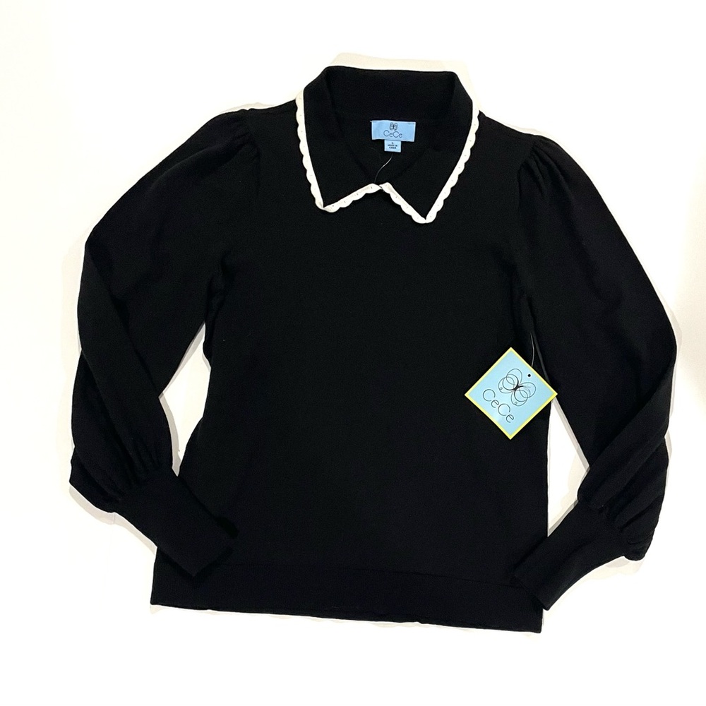 NWT CeCe Women's Black Pointelle Knit Long Sleeve Sweater Sz Small